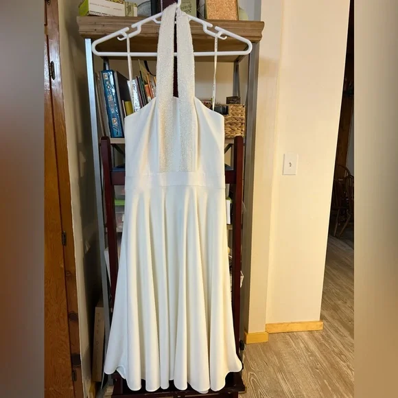 Halston Heritage white a-line halter dress, beaded dress, size 10, vintage feel - Picture 2 of 16